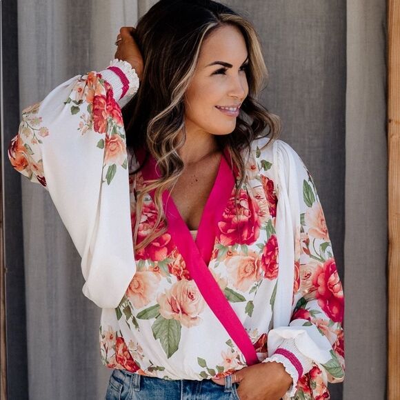 Pink floral long sleeve family photo blouse top work wear business fall cute - Picture 3 of 5